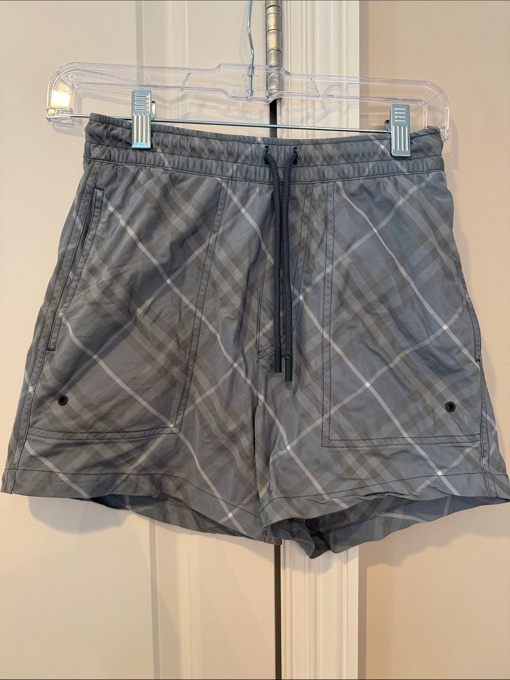 Burberry Gray Plaid Swim Trunks with Drawstring